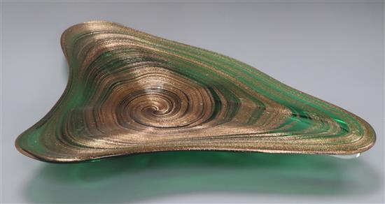 A Murano green and aventurine glass dish length 47cm